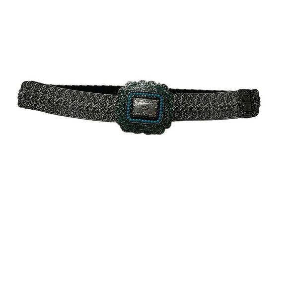 Vintage Belt Rocker Biker Large Ornate Buckle Pewter Toned Floral Turquoise 30” - Picture 7 of 9